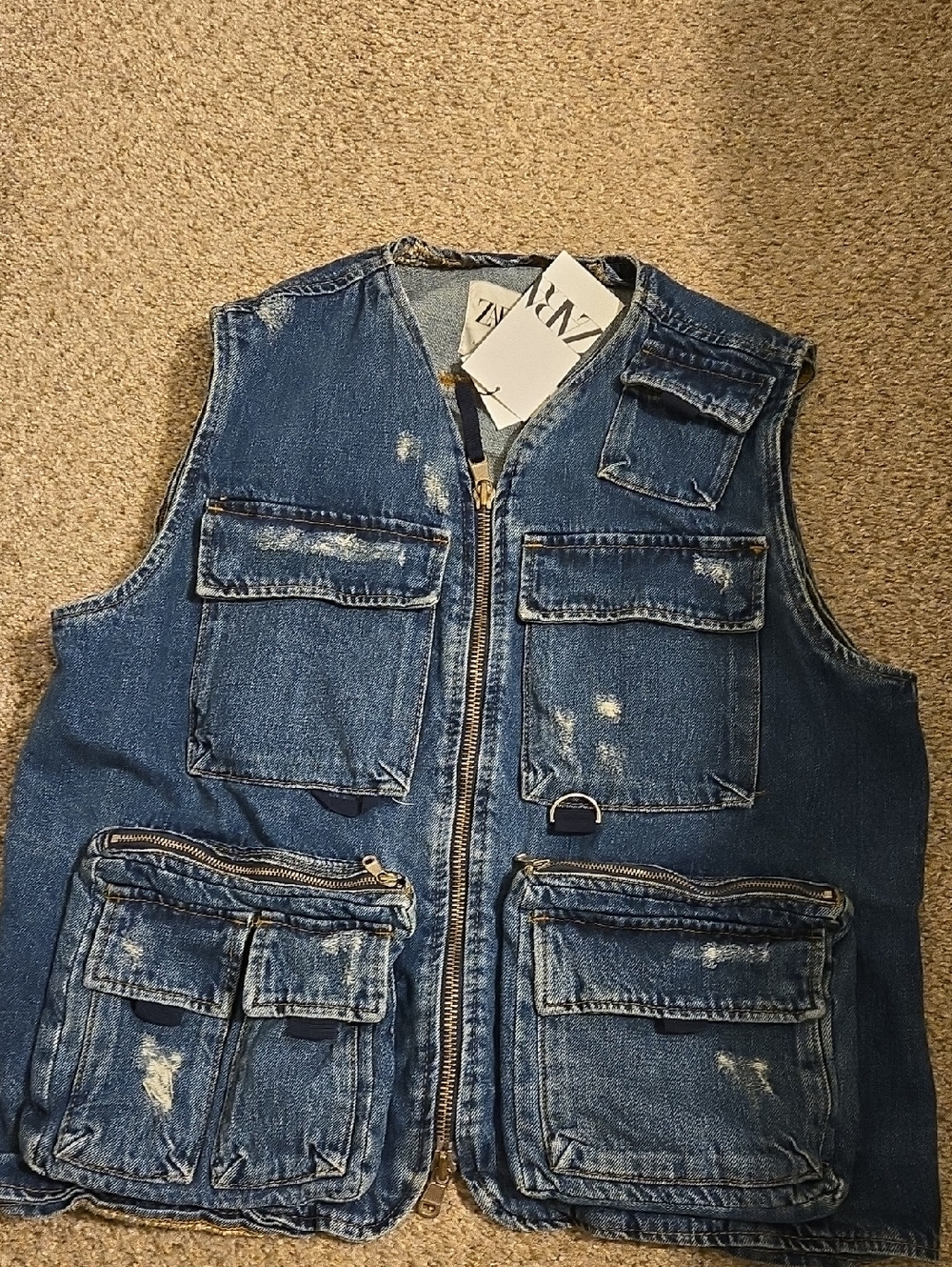 Zara Distressed Denim Utility Vest in Blue